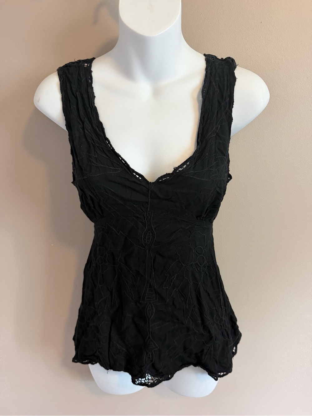 Delicia Black Embroidered Tank Top Keyhole Tie Back Witchy Y2K XS